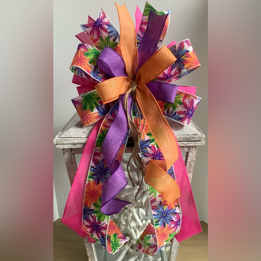 Summer Farmhouse Bow, Wreath Bow, Wreath Accent, Lantern Bow, Purple & Pink Bow